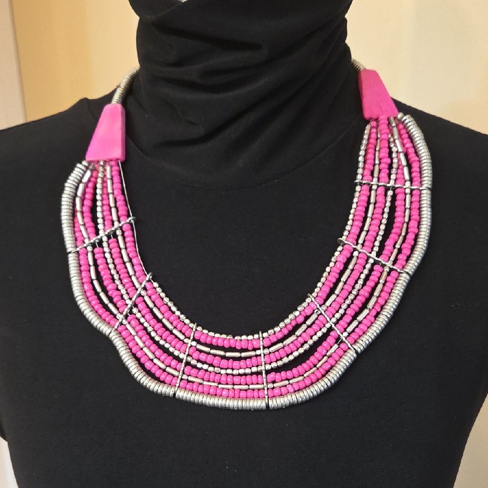 Vibrant Boho Or African Look Unique Pink &Silver Statement Necklace